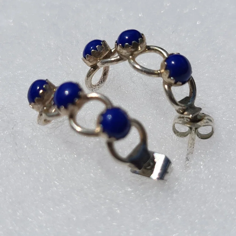Vintage 925 Sterling Silver Lapis Lazuli J-Hoop Earrings Blue Cabochon Small